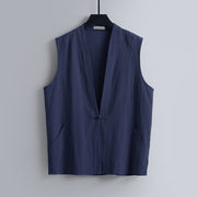 Foviel Summer Solid Color V-Neck Frog-Button Sleeveless Men's Cotton Linen Vest