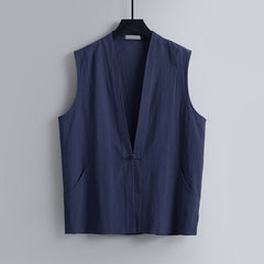 Buddha Stones Summer Solid Color V-Neck Frog-Button Sleeveless Men's Cotton Linen Vest - Navy - US/UK/AU54，EU64 (9XL) - image 0