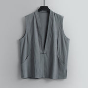 Foviel Summer Solid Color V-Neck Frog-Button Sleeveless Men's Cotton Linen Vest