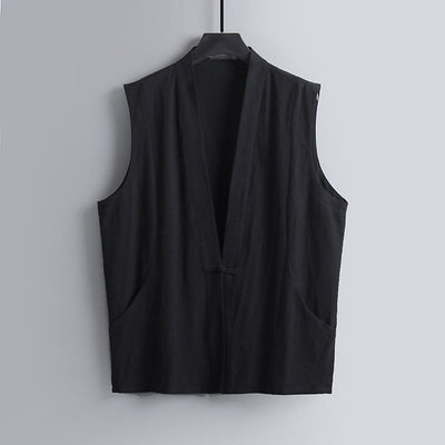 Buddha Stones Summer Solid Color V-Neck Frog-Button Sleeveless Men's Cotton Linen Vest - Black - US/UK/AU54，EU64 (9XL) - image 9