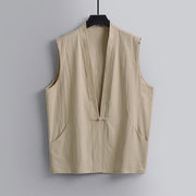 Foviel Summer Solid Color V-Neck Frog-Button Sleeveless Men's Cotton Linen Vest