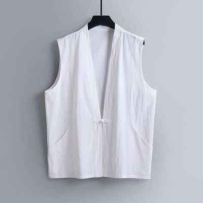 Buddha Stones Summer Solid Color V-Neck Frog-Button Sleeveless Men's Cotton Linen Vest - White - US/UK/AU54，EU64 (9XL) - image 11