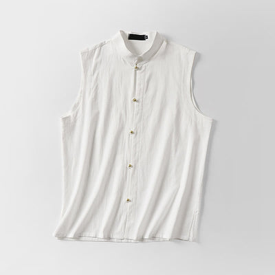 Buddha Stones Summer Solid Color Stand Collar Men's Cotton Linen Sleeveless Vest - image 3