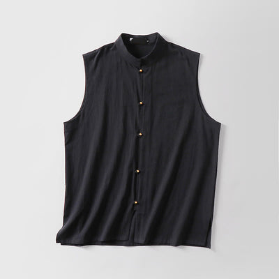 Buddha Stones Summer Solid Color Stand Collar Men's Cotton Linen Sleeveless Vest - image 5