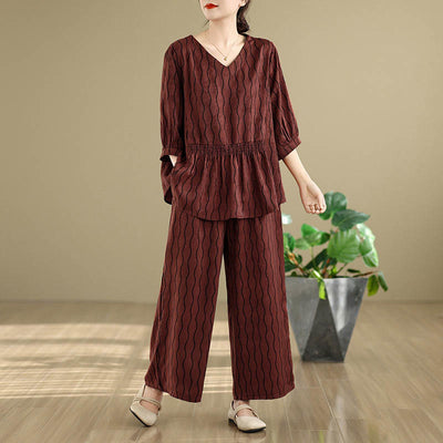 Buddha Stones 2pcs Striped Pattern Short Sleeve Shirt Polyester 7 Length Harem Pants Set With Pocket - DarkRed - US12，UK/AU16，EU44 (3XL) - image 22