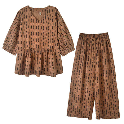 Buddha Stones 2pcs Striped Pattern Short Sleeve Shirt Polyester 7 Length Harem Pants Set With Pocket - image 9