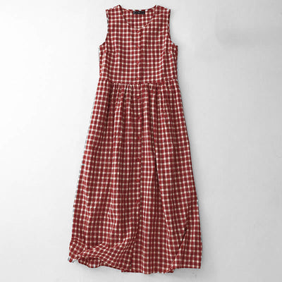 Buddha Stones Plaid Sleeveless Summer Midi Dress With Pockets - FireBrick - US12，UK/AU16，EU44 (2XL) - image 0