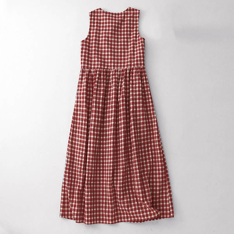 Buddha Stones Plaid Sleeveless Summer Midi Dress With Pockets - image 1