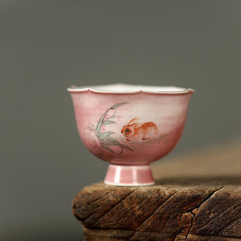 Buddha Stones Hand-painted Rabbit Orchid Flower Begonia Ceramic Teacup Kung Fu Tea Cup 75ml - Rabbit Orchid Flower 7.3cm*5.5cm*75ml - image 0