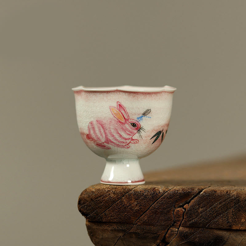 Buddha Stones Hand-painted Rabbit Orchid Flower Begonia Ceramic Teacup Kung Fu Tea Cup 75ml - Pink Rabbit 7.3cm*5.5cm*75ml - image 2