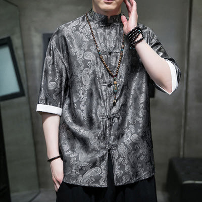 Buddha Stones Summer Cashew Flowers Pattern Men's Frog-Button Half Sleeve Shirts - image 1