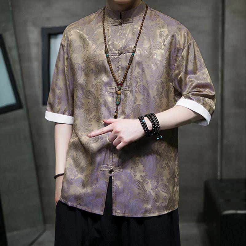 Buddha Stones Summer Cashew Flowers Pattern Men's Frog-Button Half Sleeve Shirts - image 41