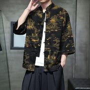 Foviel Spring Frog-Button Dragon Mountain Flower Three Quarter Sleeve Tang Suit Men's Shirt With Pockets