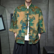 Foviel Spring Frog-Button Dragon Mountain Flower Three Quarter Sleeve Tang Suit Men's Shirt With Pockets