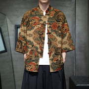 Foviel Spring Frog-Button Dragon Mountain Flower Three Quarter Sleeve Tang Suit Men's Shirt With Pockets