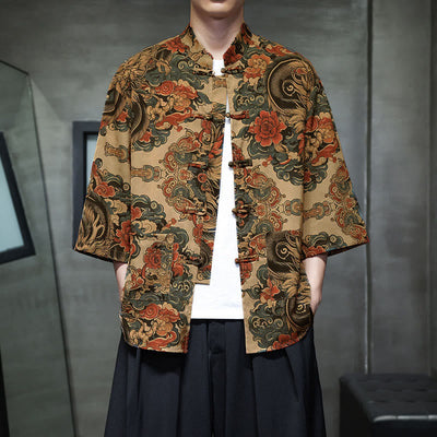 Buddha Stones Spring Frog-Button Dragon Mountain Flower Three Quarter Sleeve Tang Suit Men's Shirt With Pockets - Bisque - US/UK/AU44，EU54 (5XL) - image 10