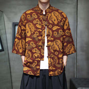 Foviel Spring Frog-Button Dragon Mountain Flower Three Quarter Sleeve Tang Suit Men's Shirt With Pockets