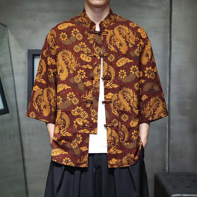 Buddha Stones Spring Frog-Button Dragon Mountain Flower Three Quarter Sleeve Tang Suit Men's Shirt With Pockets - Peru - US/UK/AU44，EU54 (5XL) - image 0