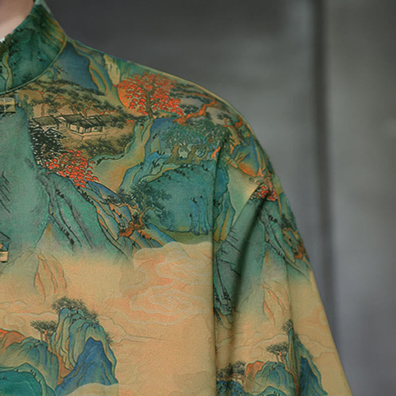 Buddha Stones Spring Frog-Button Dragon Mountain Flower Three Quarter Sleeve Tang Suit Men's Shirt With Pockets - image 47