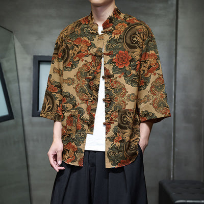 Buddha Stones Spring Frog-Button Dragon Mountain Flower Three Quarter Sleeve Tang Suit Men's Shirt With Pockets - image 11