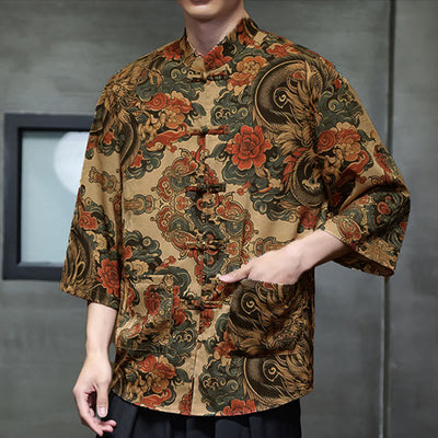 Buddha Stones Spring Frog-Button Dragon Mountain Flower Three Quarter Sleeve Tang Suit Men's Shirt With Pockets - image 14