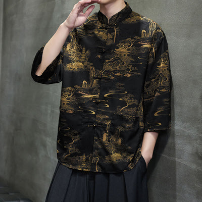 Buddha Stones Spring Frog-Button Dragon Mountain Flower Three Quarter Sleeve Tang Suit Men's Shirt With Pockets - image 33