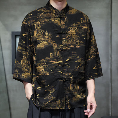 Buddha Stones Spring Frog-Button Dragon Mountain Flower Three Quarter Sleeve Tang Suit Men's Shirt With Pockets - image 37