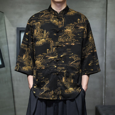 Buddha Stones Spring Frog-Button Dragon Mountain Flower Three Quarter Sleeve Tang Suit Men's Shirt With Pockets - image 32