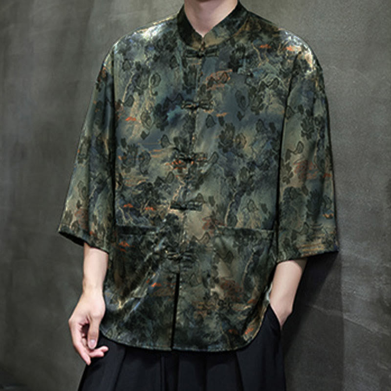 Buddha Stones Spring Frog-Button Dragon Mountain Flower Three Quarter Sleeve Tang Suit Men's Shirt With Pockets - image 57