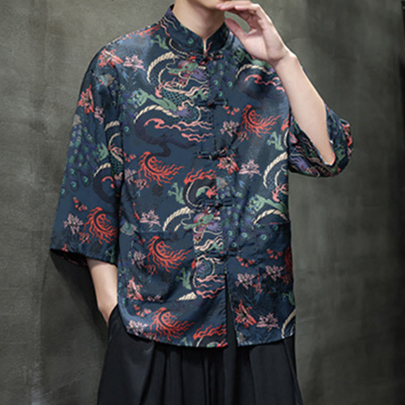Buddha Stones Spring Frog-Button Dragon Mountain Flower Three Quarter Sleeve Tang Suit Men's Shirt With Pockets - image 24
