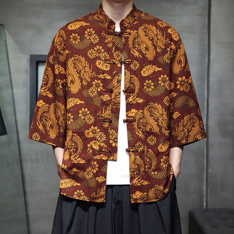 Buddha Stones Spring Frog-Button Dragon Mountain Flower Three Quarter Sleeve Tang Suit Men's Shirt With Pockets - image 9