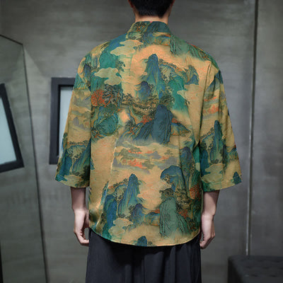 Buddha Stones Spring Frog-Button Dragon Mountain Flower Three Quarter Sleeve Tang Suit Men's Shirt With Pockets - image 45