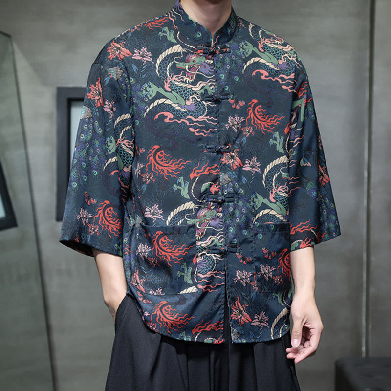 Buddha Stones Spring Frog-Button Dragon Mountain Flower Three Quarter Sleeve Tang Suit Men's Shirt With Pockets - image 28