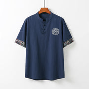 Foviel Summer Frog-Button Auspicious Clouds Embroidery Design Short Sleeve Cotton Linen Men's Shirt