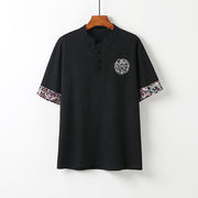 Foviel Summer Frog-Button Auspicious Clouds Embroidery Design Short Sleeve Cotton Linen Men's Shirt