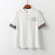 Foviel Summer Frog-Button Auspicious Clouds Embroidery Design Short Sleeve Cotton Linen Men's Shirt