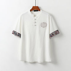 Buddha Stones Summer Frog-Button Auspicious Clouds Embroidery Design Short Sleeve Cotton Linen Men's Shirt - White - US/UK/AU54，EU64 (9XL) - image 0