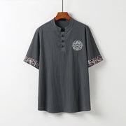Foviel Summer Frog-Button Auspicious Clouds Embroidery Design Short Sleeve Cotton Linen Men's Shirt