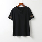 Foviel Summer V-Neck Frog-Button Short Sleeve Clouds Embroidery Cotton Linen Men's Shirt
