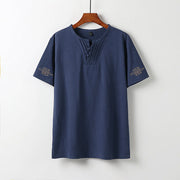 Foviel Summer V-Neck Frog-Button Short Sleeve Clouds Embroidery Cotton Linen Men's Shirt