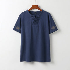 Buddha Stones Summer V-Neck Frog-Button Short Sleeve Clouds Embroidery Cotton Linen Men's Shirt - SteelBlue - US/UK/AU54，EU64 (9XL) - image 0