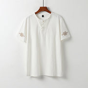 Foviel Summer V-Neck Frog-Button Short Sleeve Clouds Embroidery Cotton Linen Men's Shirt