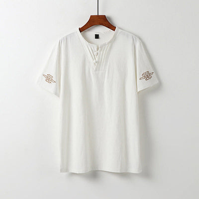 Buddha Stones Summer V-Neck Frog-Button Short Sleeve Clouds Embroidery Cotton Linen Men's Shirt - White - US/UK/AU54，EU64 (9XL) - image 1