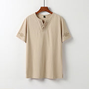 Foviel Summer V-Neck Frog-Button Short Sleeve Clouds Embroidery Cotton Linen Men's Shirt