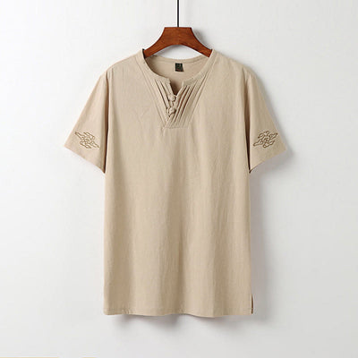 Buddha Stones Summer V-Neck Frog-Button Short Sleeve Clouds Embroidery Cotton Linen Men's Shirt - Bisque - US/UK/AU54，EU64 (9XL) - image 12