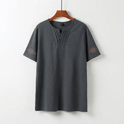 Foviel Summer V-Neck Frog-Button Short Sleeve Clouds Embroidery Cotton Linen Men's Shirt