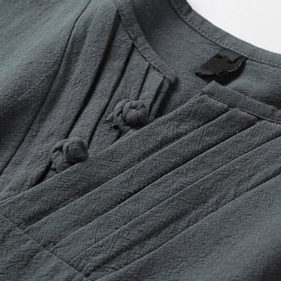 Buddha Stones Summer V-Neck Frog-Button Short Sleeve Clouds Embroidery Cotton Linen Men's Shirt - image 5