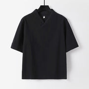 Foviel Summer Simple V-Neck Short Sleeve Cotton Linen Men's Shirt