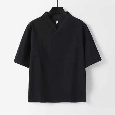 Buddha Stones Summer Simple V-Neck Short Sleeve Cotton Linen Men's Shirt - Black - US/UK/AU54，EU64 (9XL) - image 1