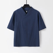 Foviel Summer Simple V-Neck Short Sleeve Cotton Linen Men's Shirt